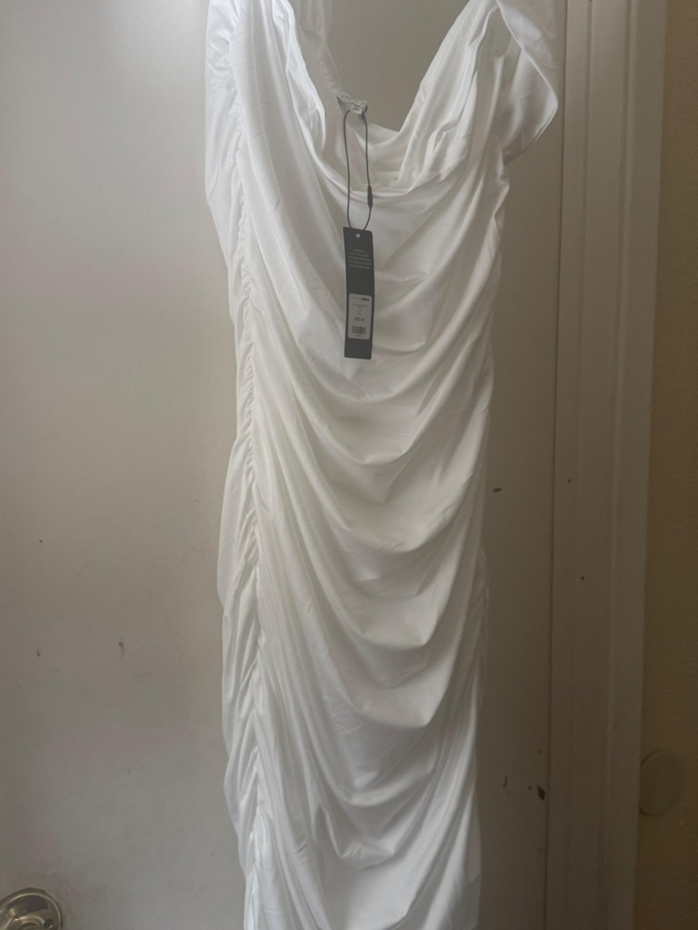Fashion Nova White Ruched Cowl-Neck Maxi Dress